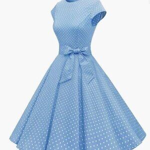 Women’s Retro Fit & Flare Dress NWT Small Blue Polka Dot Stretch Dressystar